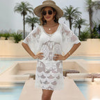 White lace loose pullover one-piece swimwear, V-neck with tiered crochet overlay