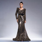 V-Neck Sequin Long Sleeve Fishtail Maxi Dress