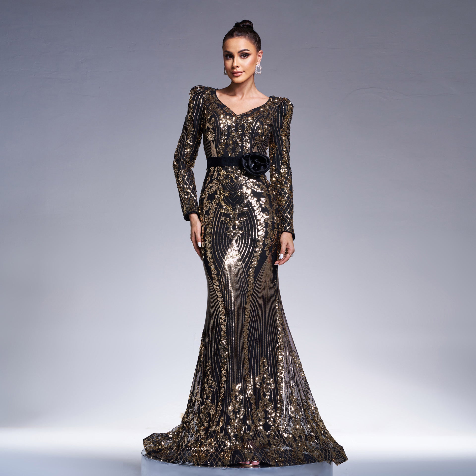 V-Neck Sequin Long Sleeve Fishtail Maxi Dress