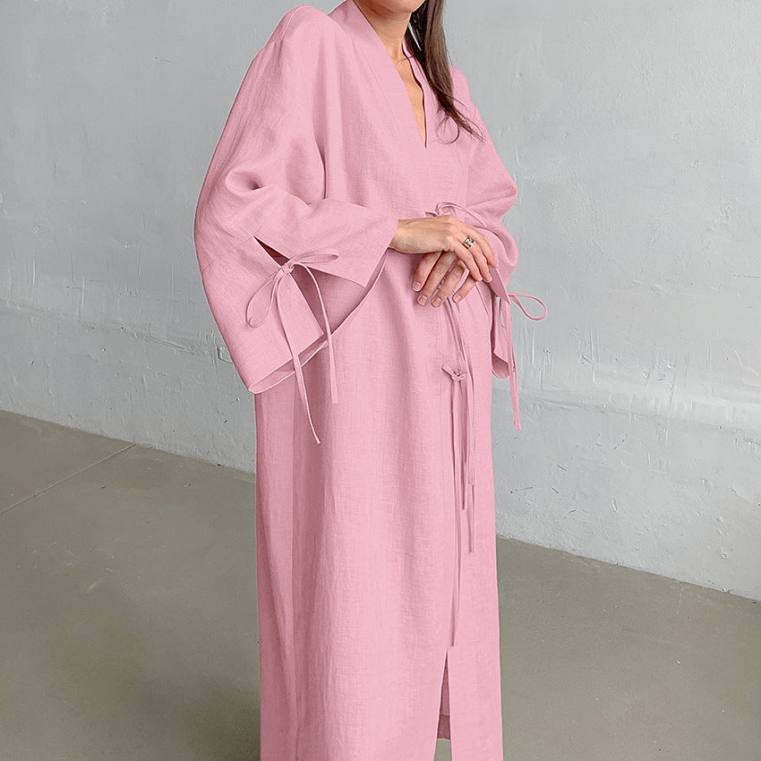 Autumn Pink Cotton Cardigan Lace up Nightgown Loose Comfortable Long Sleeve Long Women Homewear