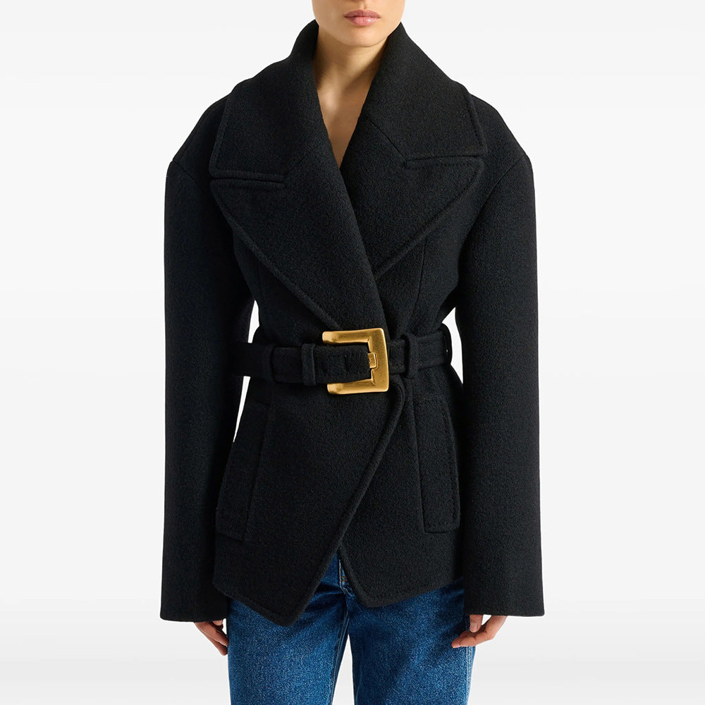 Autumn Winter Belt Large Collared Mid Length Woolen Coat