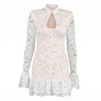 Sexy Hollow Out Cutout out Knitted Long Sleeved Dress Autumn Stand Collar Lace Slim Fit Elegant Women Dress
