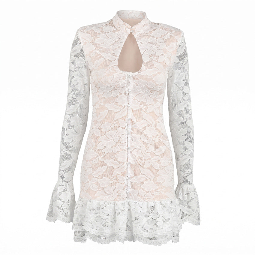 Sexy Hollow Out Cutout out Knitted Long Sleeved Dress Autumn Stand Collar Lace Slim Fit Elegant Women Dress