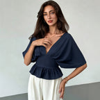 Women's Women Clothing V Neck Batwing Sleeve Top Backless Waist Trimming Slimming Flounce Hem Short T Shirt