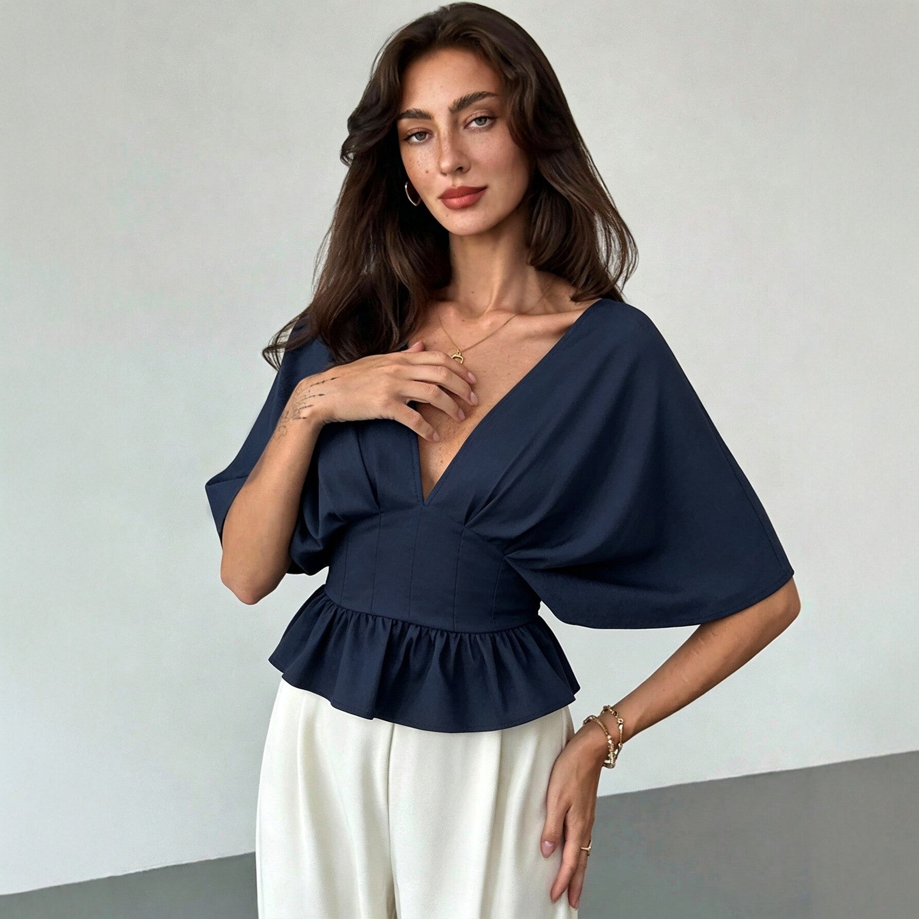 Women's Women Clothing V Neck Batwing Sleeve Top Backless Waist Trimming Slimming Flounce Hem Short T Shirt