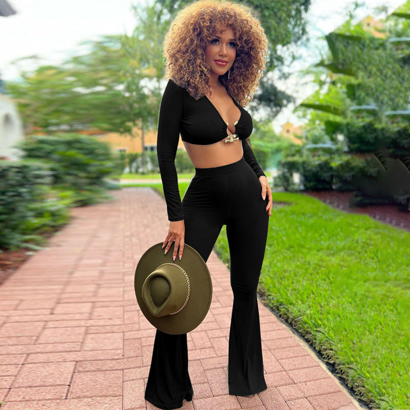 Popular Fur Catching Warm Autumn Winter Long-Sleeve V-Neck Bell-Bottom Pants Two-Piece Set