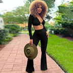 Popular Fur Catching Warm Autumn Winter Long-Sleeve V-Neck Bell-Bottom Pants Two-Piece Set