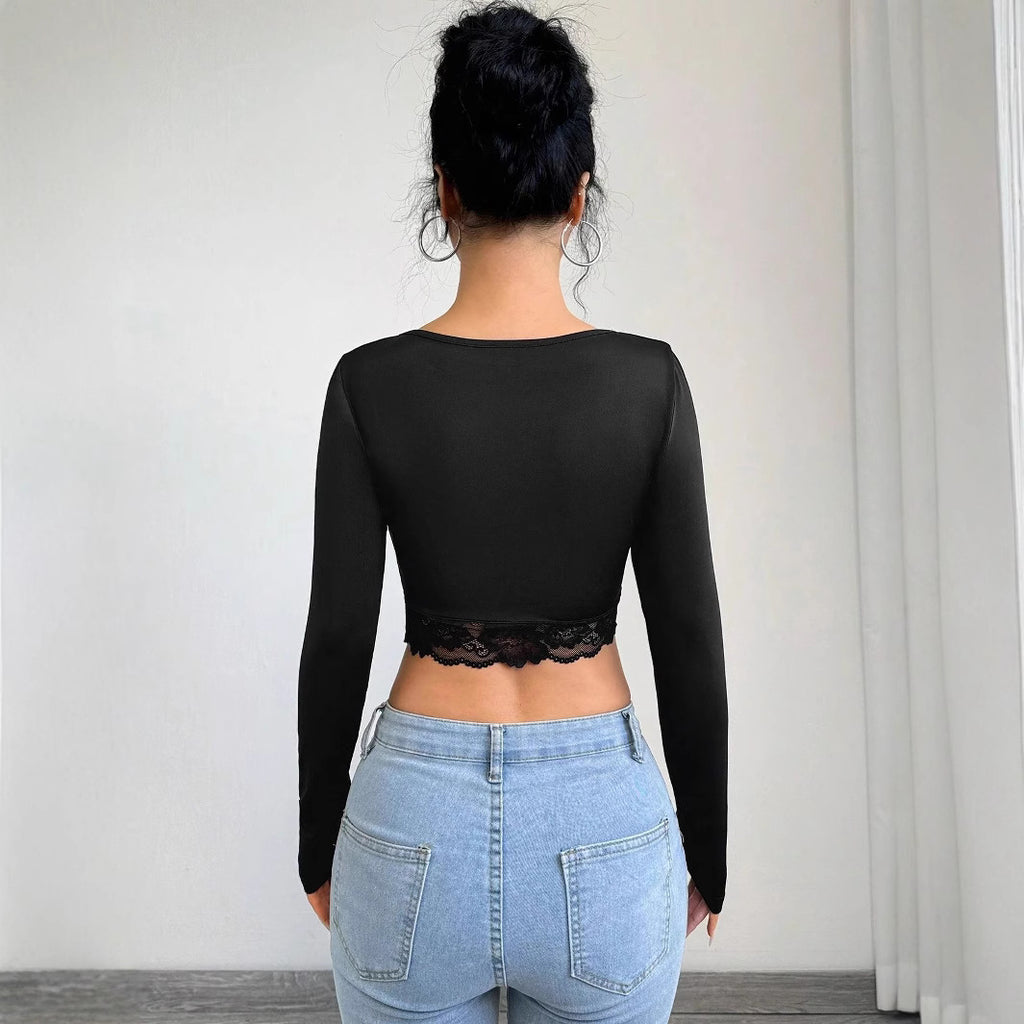 Women’s Black Lace Patchwork Deep V Crop Top