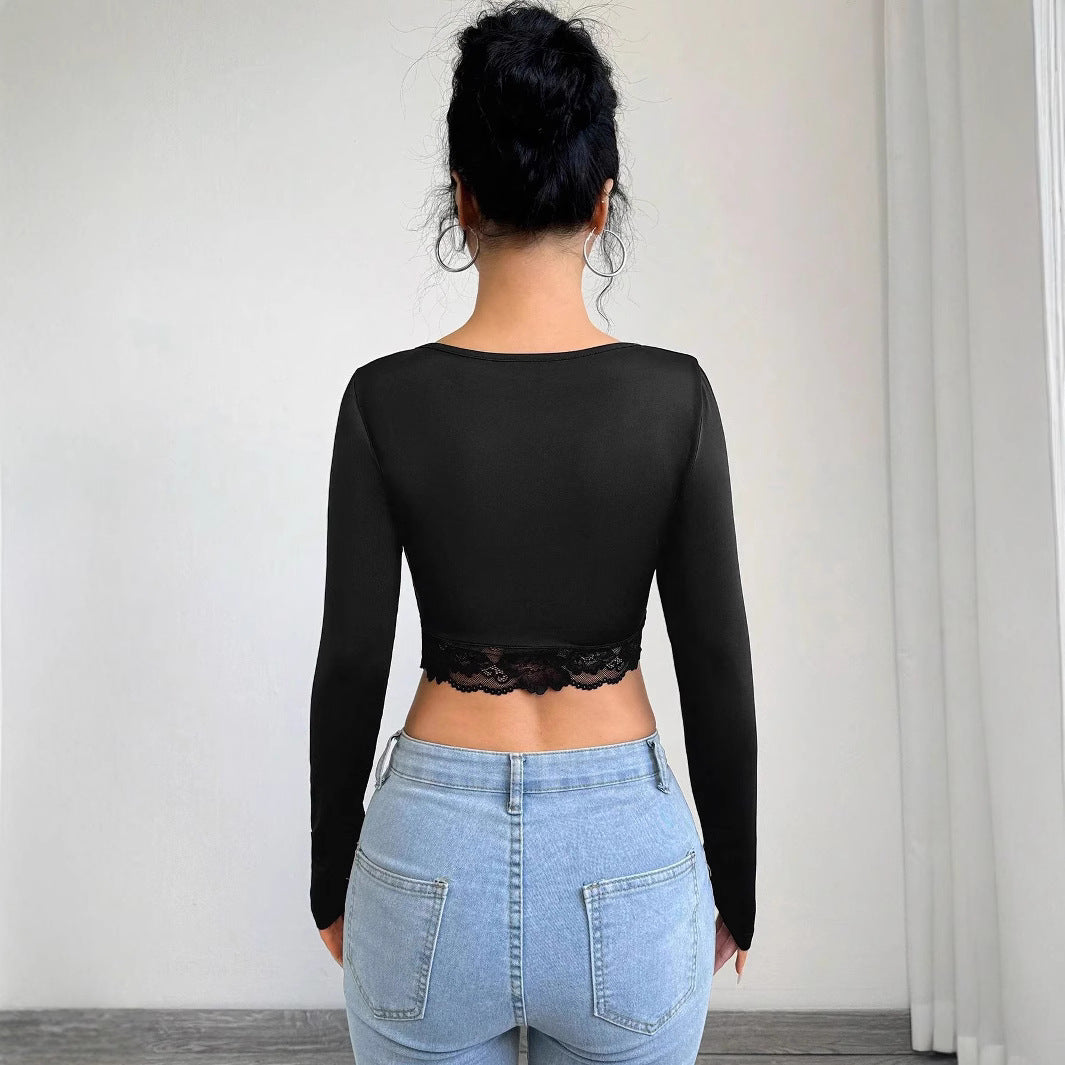 Women’s Black Lace Patchwork Deep V Crop Top
