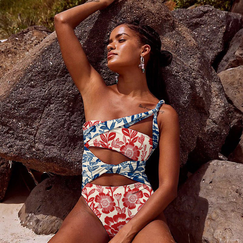 Printed Hollow One-piece Swimwear