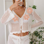 Women Lace up Cardigan Women Hollow Out Cutout out Woven Embroidered Floral Stitching Beach Sun Protection Long Sleeved Blouse Casual Coat