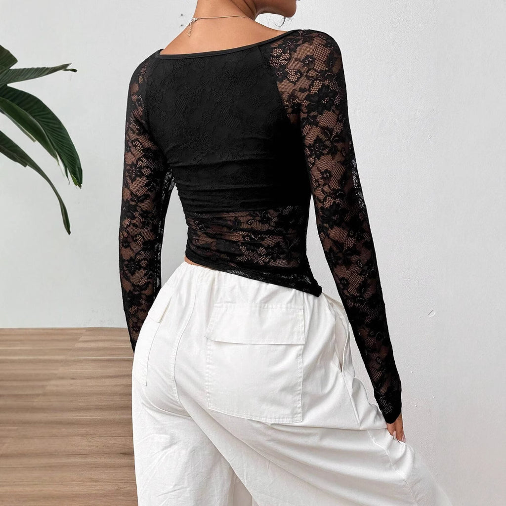 Women’s Black Lace Asymmetric Ruched Long Sleeve Top