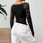 Women’s Black Lace Asymmetric Ruched Long Sleeve Top