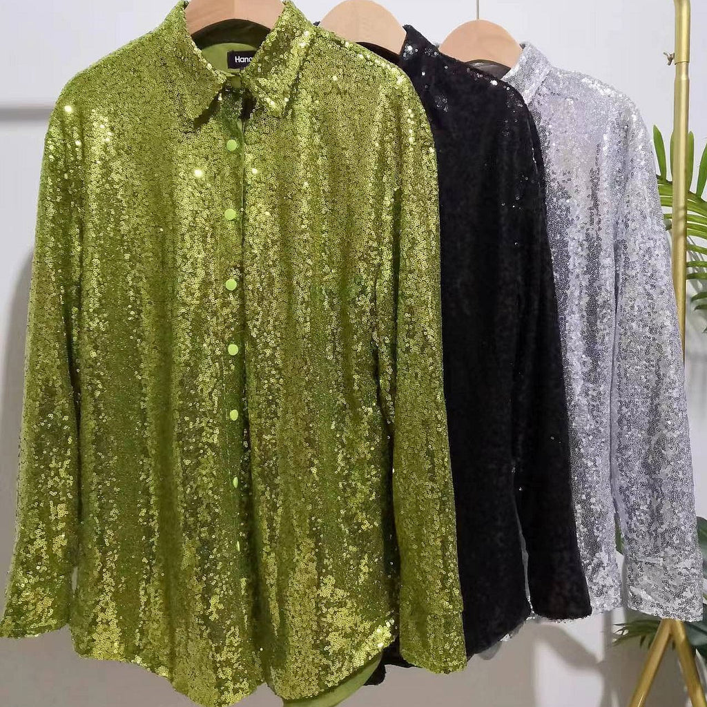 Women's Sequin Long Sleeve Loose Mid Length Sequined Shirt