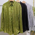 Women's Sequin Long Sleeve Loose Mid Length Sequined Shirt