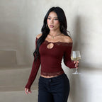 Women's Burgundy Off-Shoulder Lace Long-Sleeve Top