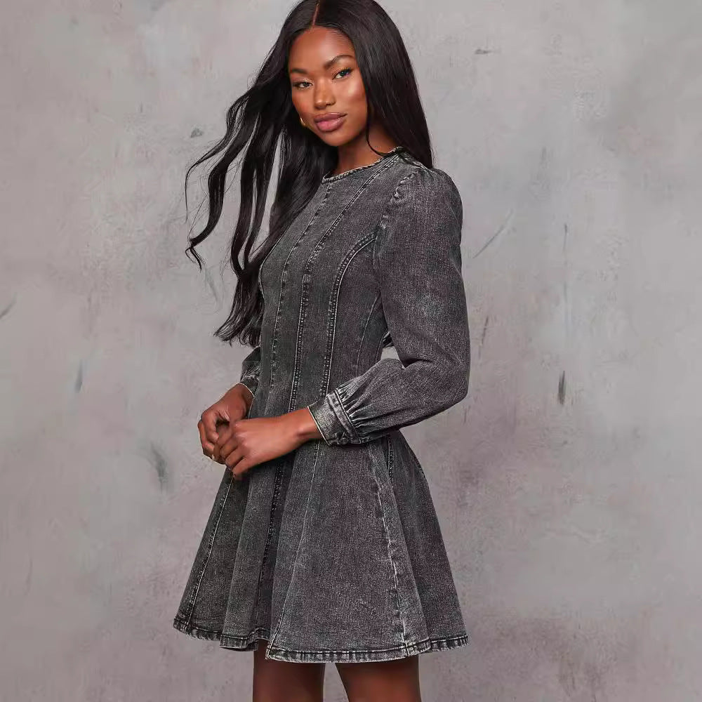 Patchwork Denim Long-Sleeve Dress