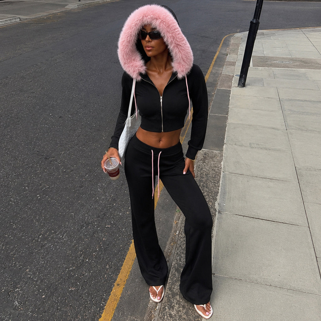Women's Furry Hooded Sweatshirt And Sweatpants Set