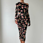 Women's Autumn Winter Slim Fit Oblique Shoulder Pleated Print Long Sleeve Midi Dress