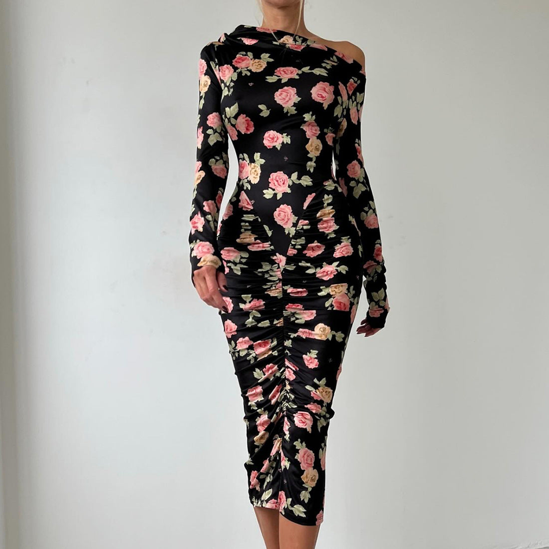 Women's Autumn Winter Slim Fit Oblique Shoulder Pleated Print Long Sleeve Midi Dress