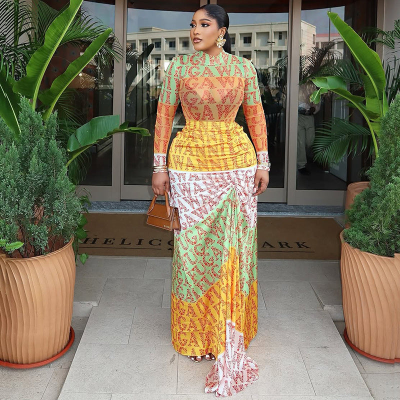 Printed Elegant Office Waist Hip High Collar Long Sleeve Skirt Dress