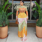Printed Elegant Office Waist Hip High Collar Long Sleeve Skirt Dress