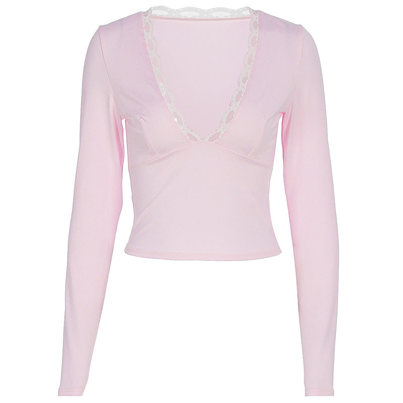 Women Clothing Summer Sexy Solid Color V neck Lace Long