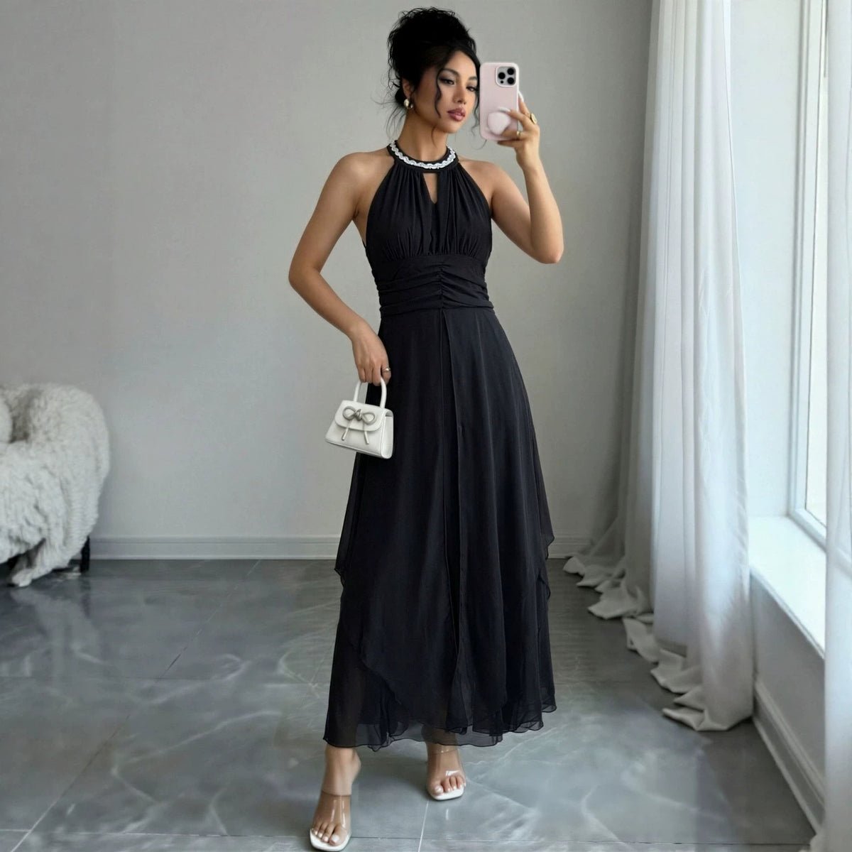 's Popular Version Halter Beaded Swing Strapless Dress Chiffon Formal Dress