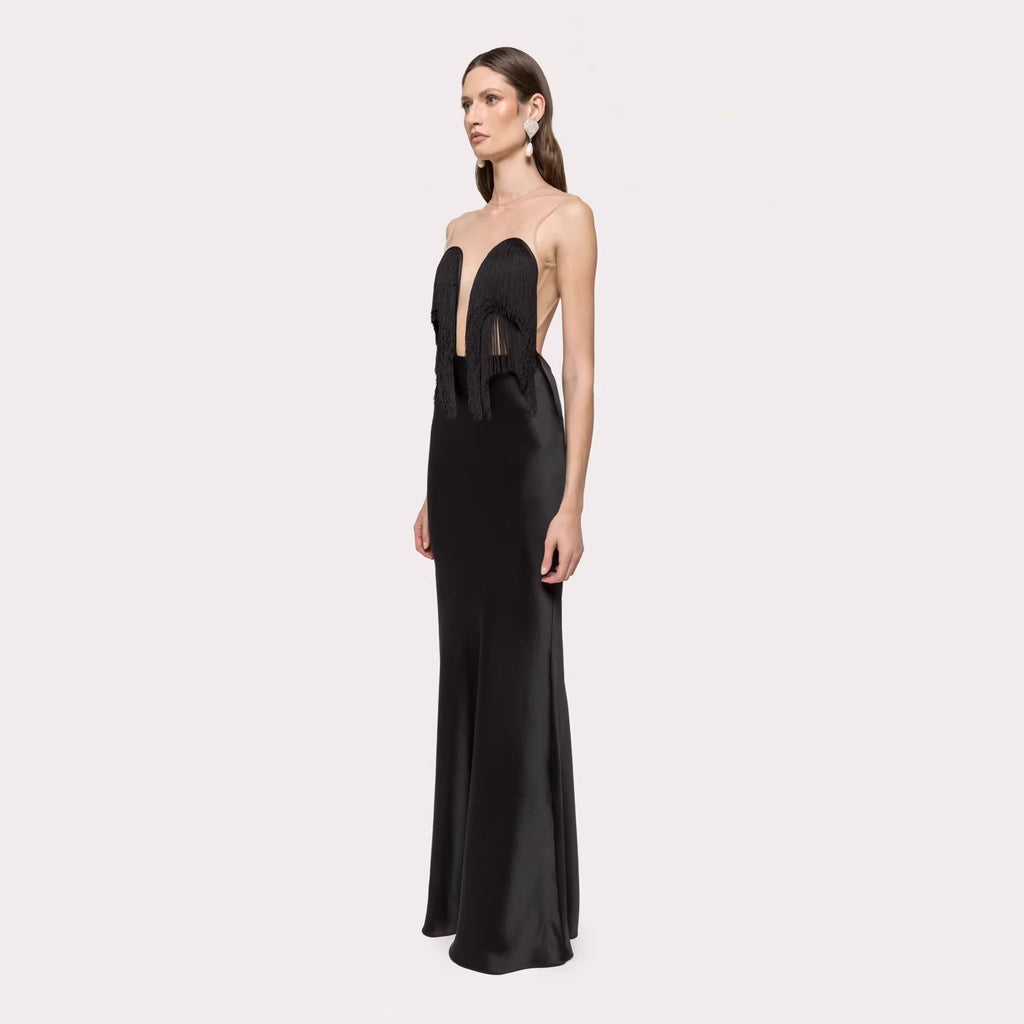 Women's Black Tassel Strapless Fishtail Draping V Neck Slim Fit Evening Dress Wedding