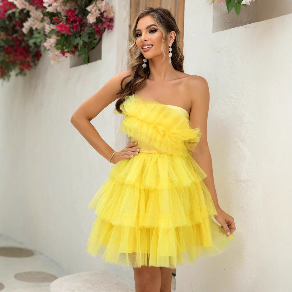 Women's Yellow Strapless Mesh Ruffle Dress