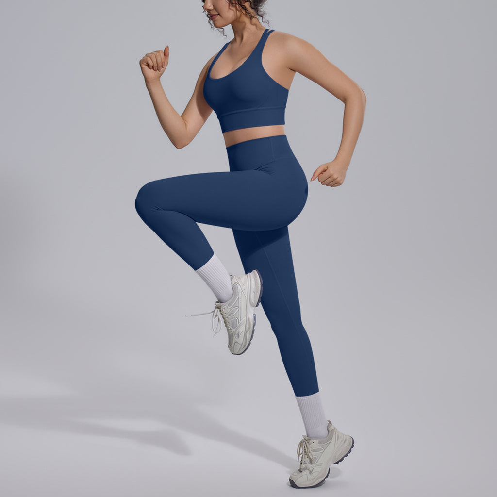 Nude Feel Solid Color Sexy Cross Shoulder Strap Beauty Back Exercise Trousers Running Fitness Pants Yoga Set