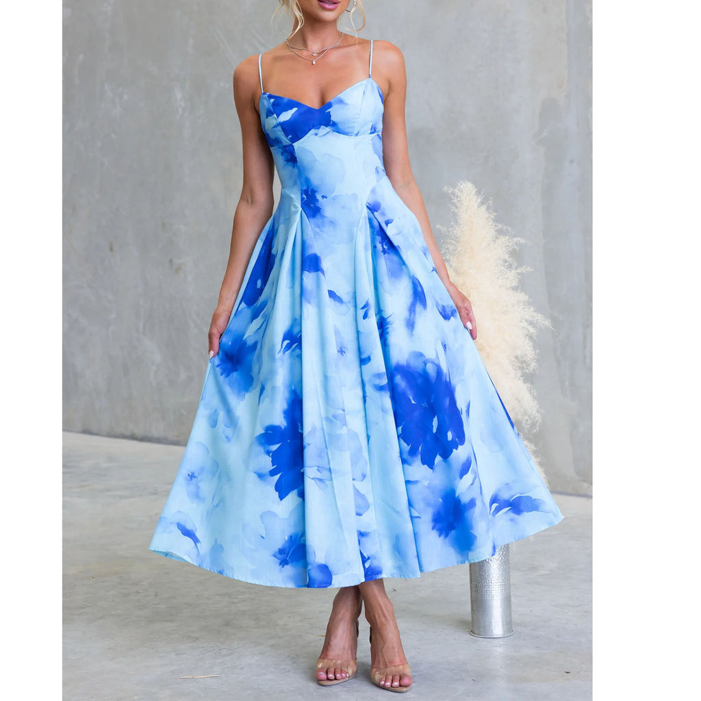 Women's Spring Summer Digital Printing Large Swing Sweet Mid Length Strap Dress