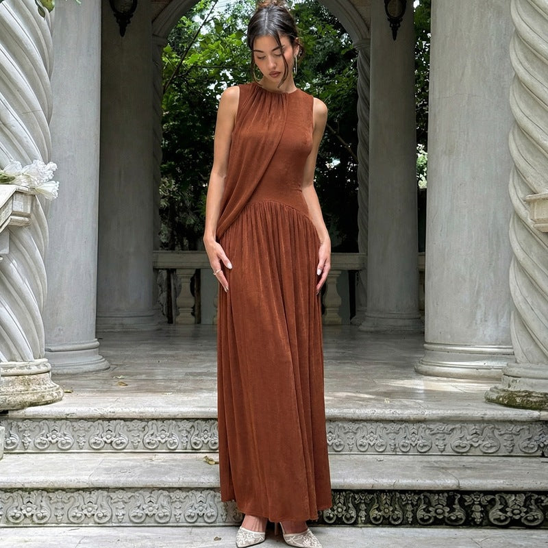 Women's Spring Personality Slim Fit Pleated round Neck Sleeveless Dress