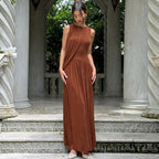 Women's Spring Personality Slim Fit Pleated round Neck Sleeveless Dress