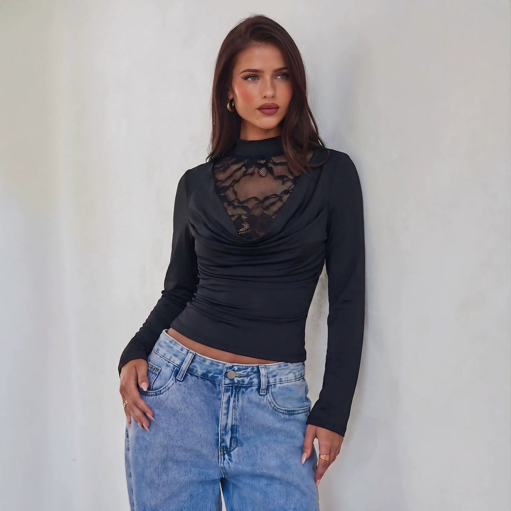 Women's Lace-Trimmed Cowl-Neck Long-Sleeve Top
