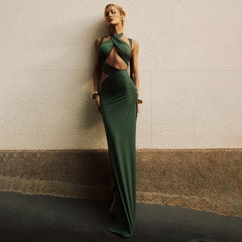 Women's Halter Cutout Ruched Split Bodycon Maxi Dress