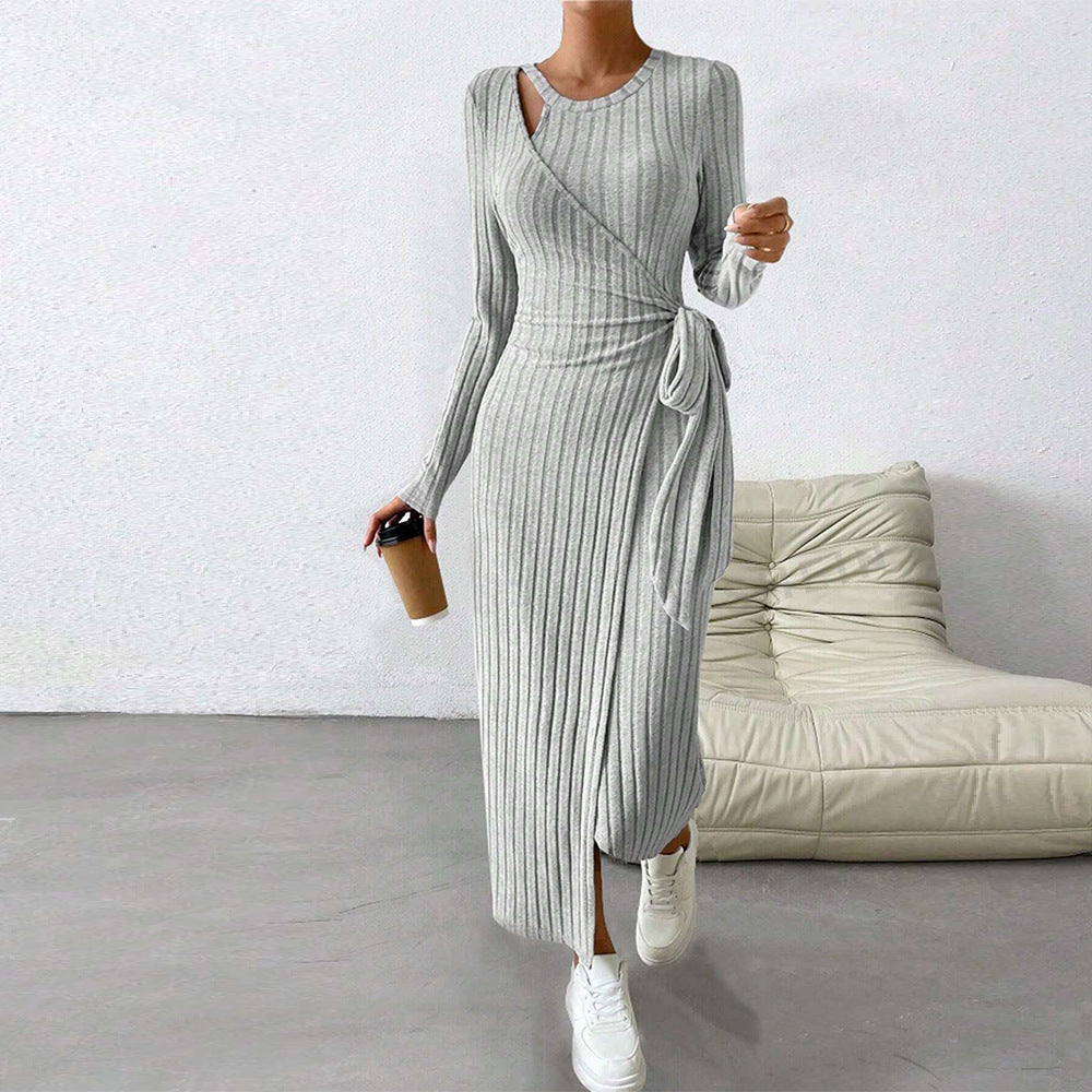 Women's Gray Knit Asymmetric Maxi Dress