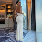 Summer Women Clothing Halter Backless Solid Color Vest Slim Sexy Split Maxi Skirt Set