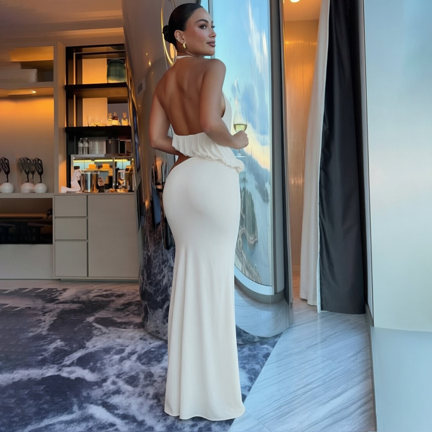 Summer Women Clothing Halter Backless Solid Color Vest Slim Sexy Split Maxi Skirt Set