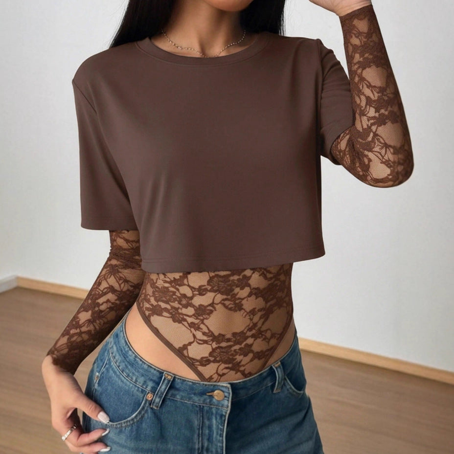 Women's Lace Detail Cropped Short Sleeve Top