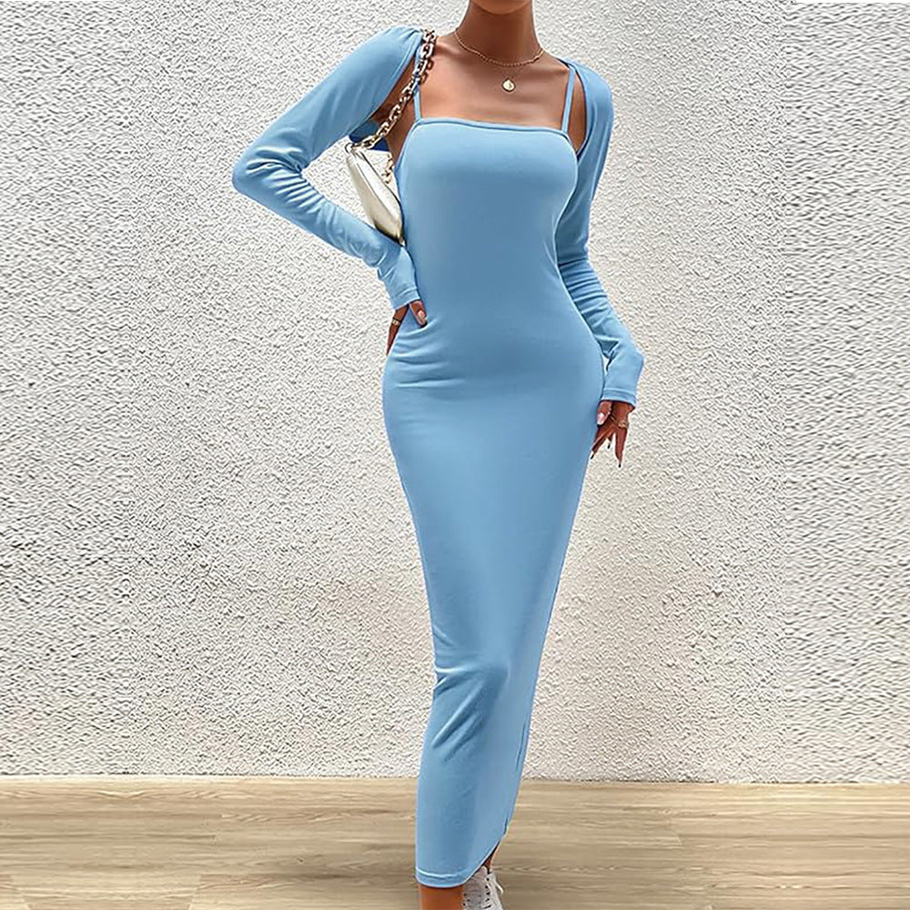 Women's Light Blue Elegant Suit Shawl Dress Two Piece Set