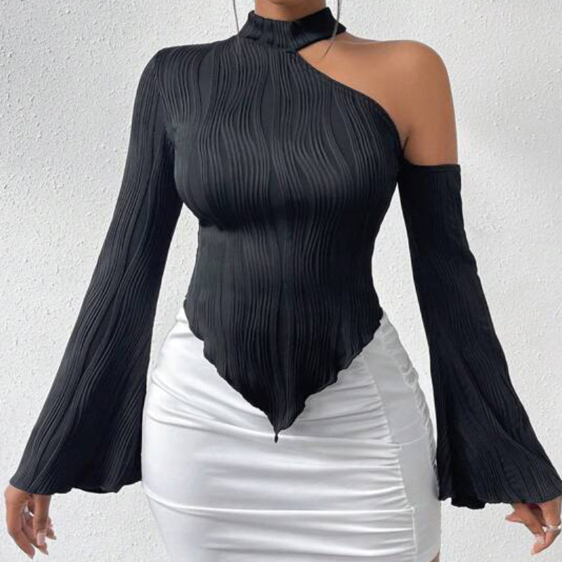 Women's Strip Street Long Sleeve Diagonal Collar Halterneck T-Shirt