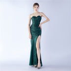 Women's Embellished Shrink Fold Wrinkle Simple Retro Strapless Evening Dress
