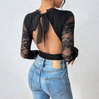 Black Lace Backless V Neck Jumpsuit
