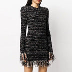 Women's Striped Woolen Tassel Edge Long Sleeved Slim Fit Short Dress High Quality Dress