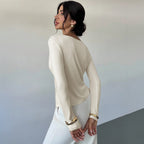 Women Clothing Diagonal Collar Pleated Long Sleeved Top