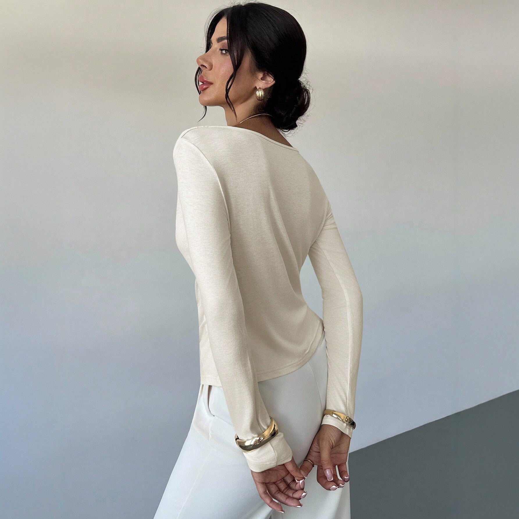 Women Clothing Diagonal Collar Pleated Long Sleeved Top