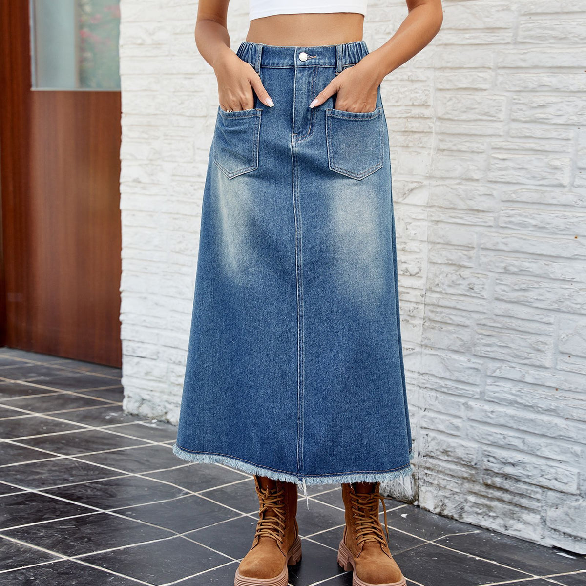 Spring Summer Washed Frayed Hem Denim Midi Skirt