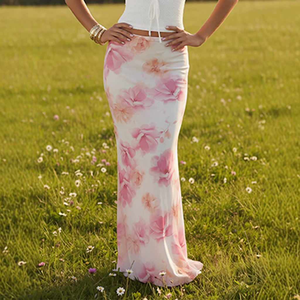 Summer Women Sexy Slim Vacation Mesh Floral Fishtail Skirt