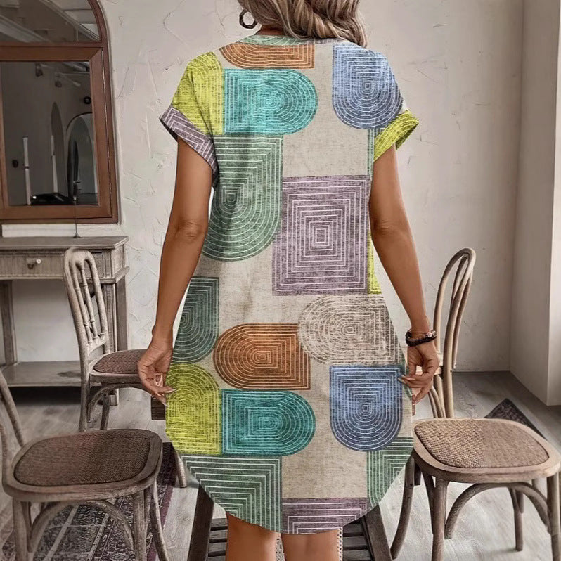 Summer Geometric Abstract Print Elegant V-Neck Button Sleeve Dress